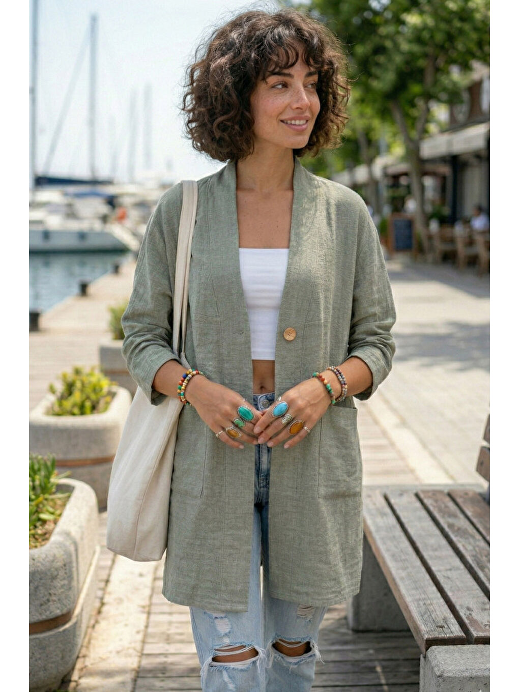 Haki Kimono Yaka 3/4 Kol Düğmeli Çift Cepli Casual Flamlı Pamuklu Kumaş Dokuma Ceket 85 60