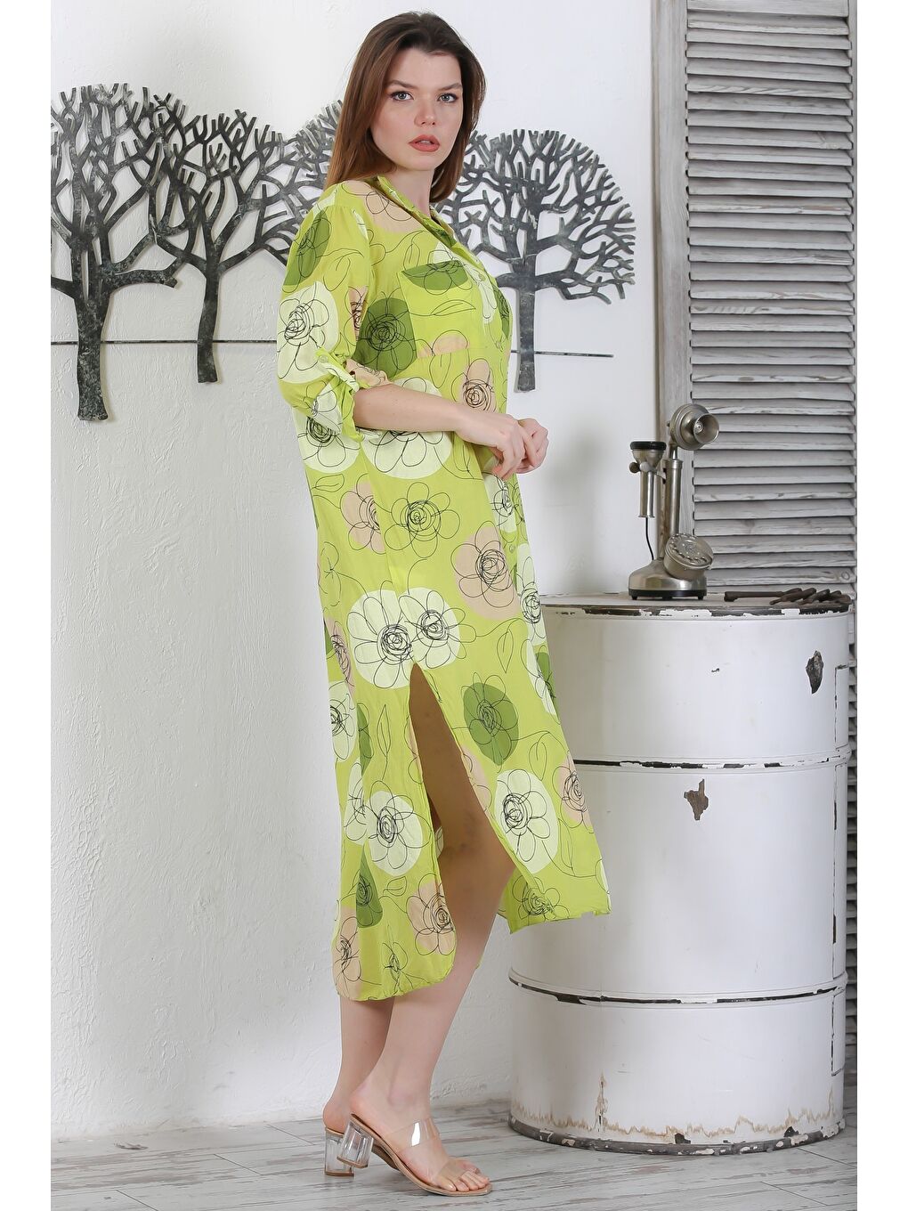 Yeşil İtalyan Limon Küfü Rengi Düğmeli Uzun Kollu Çiçekli Çift Cepli Casual Dokuma Yazlık Elbise-4