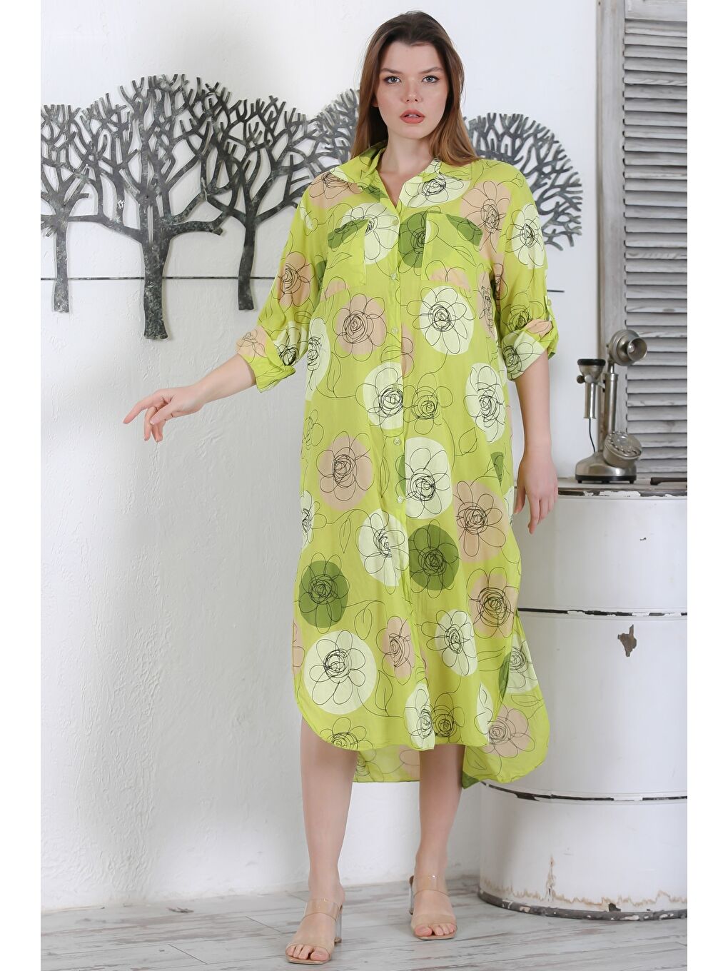Yeşil İtalyan Limon Küfü Rengi Düğmeli Uzun Kollu Çiçekli Çift Cepli Casual Dokuma Yazlık Elbise-5