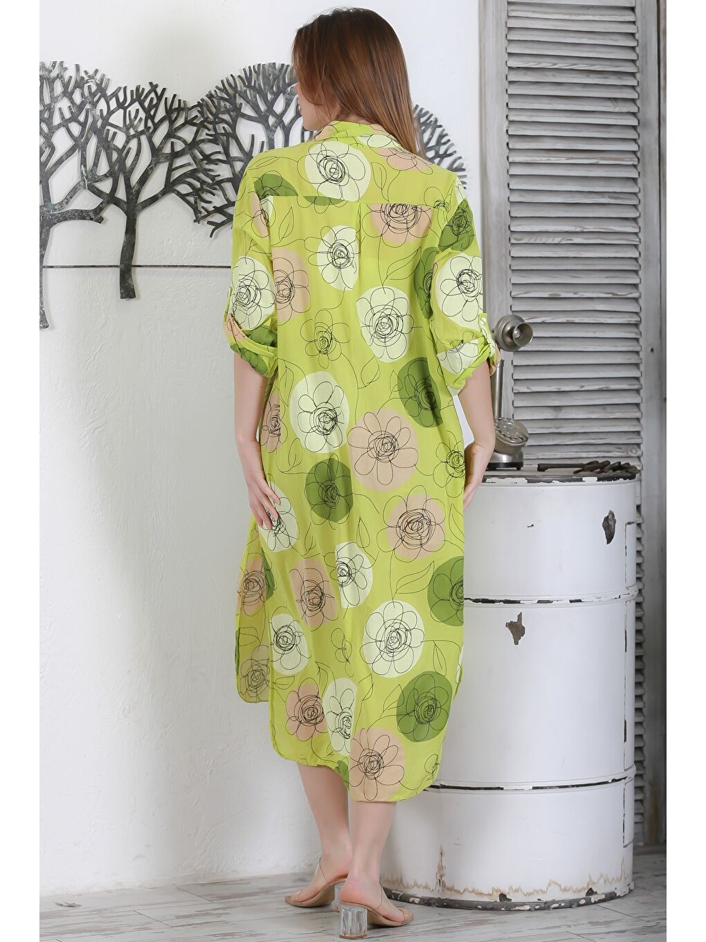 Yeşil İtalyan Limon Küfü Rengi Düğmeli Uzun Kollu Çiçekli Çift Cepli Casual Dokuma Yazlık Elbise-6