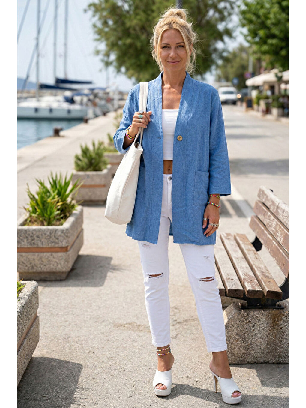 Mavi Kimono Yaka 3/4 Kol Düğmeli Çift Cepli Casual Flamlı Pamuklu Kumaş Dokuma Ceket 85 60-3