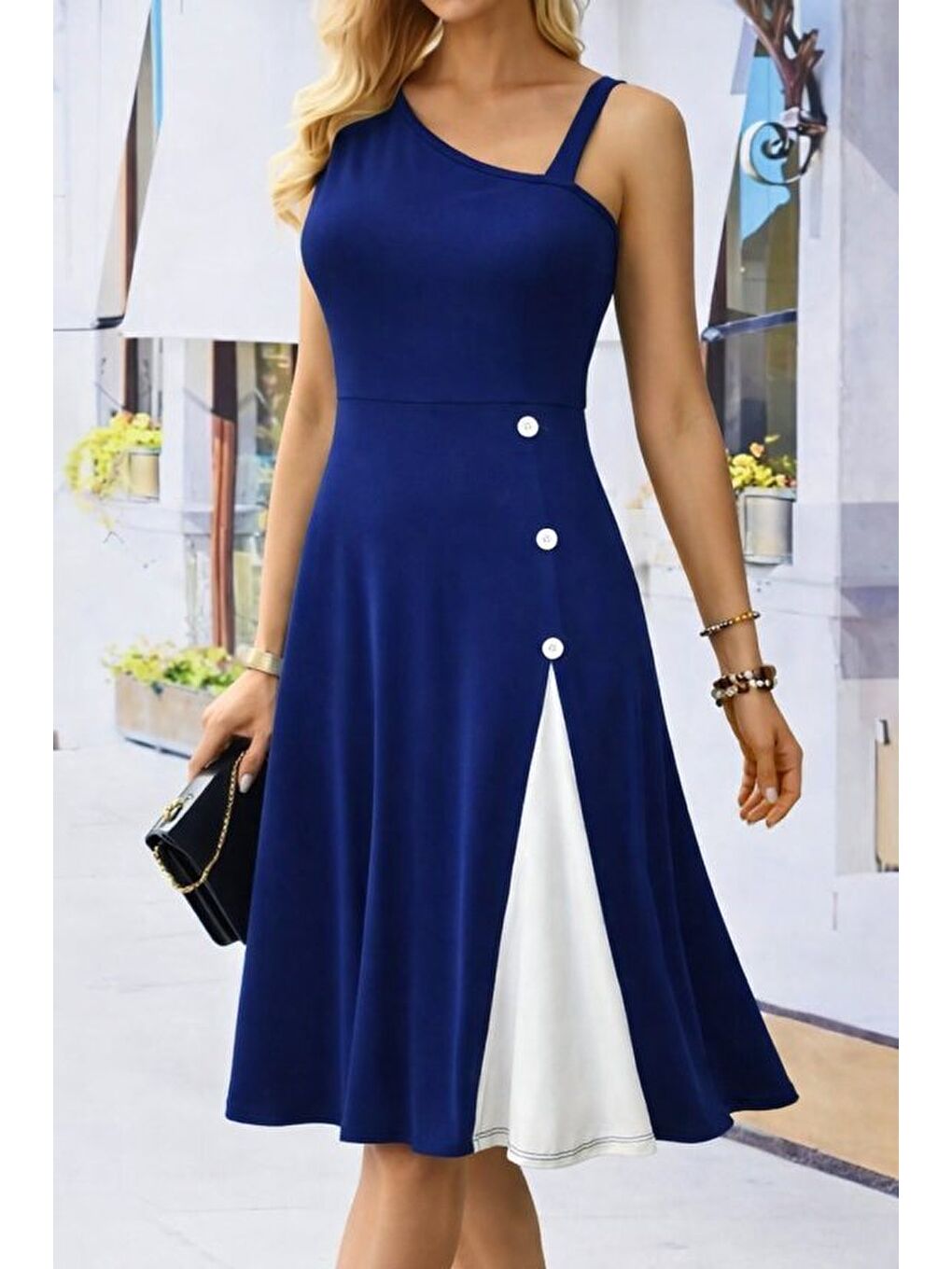 Lacivert Kadın Tek Omuzu şerit Detaylı Kolsuz Yandan Düğme Detaylı Janjan Krep Elbise