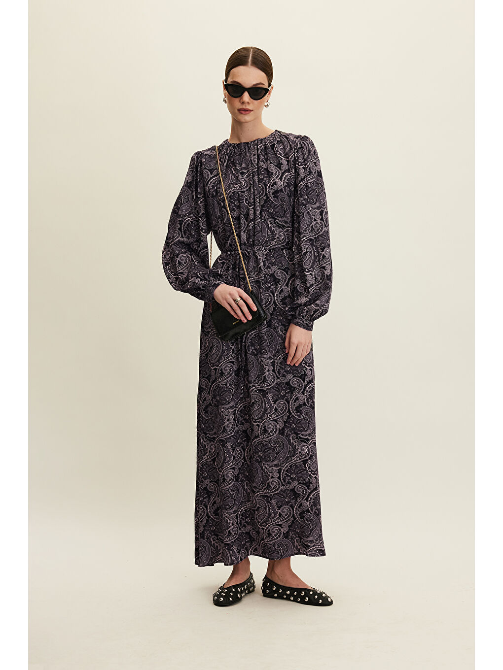 Siyah Desenli Viskon Elbise Dark Vıntage-6