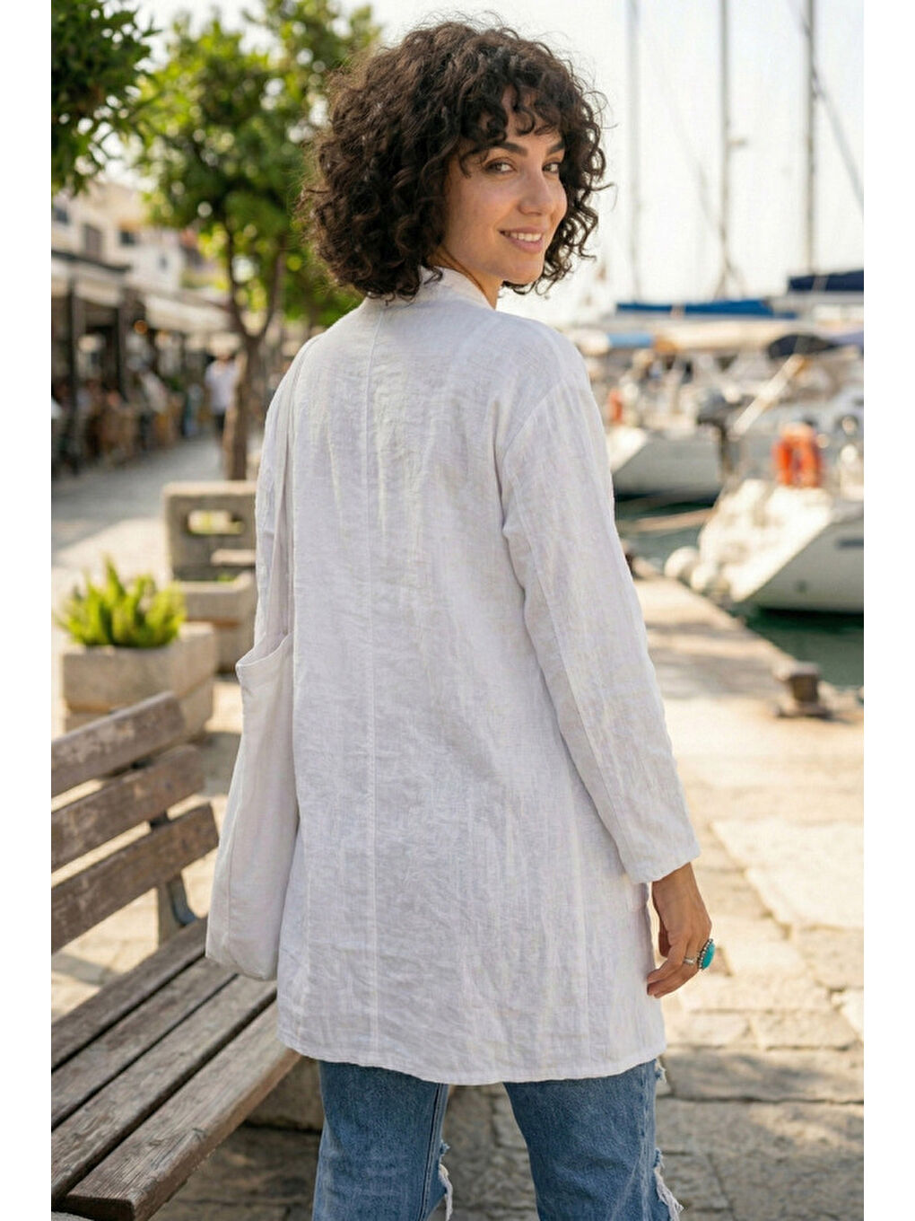 Beyaz Kimono Yaka 3/4 Kol Düğmeli Çift Cepli Casual Flamlı Pamuklu Kumaş Dokuma Ceket 85 60-3