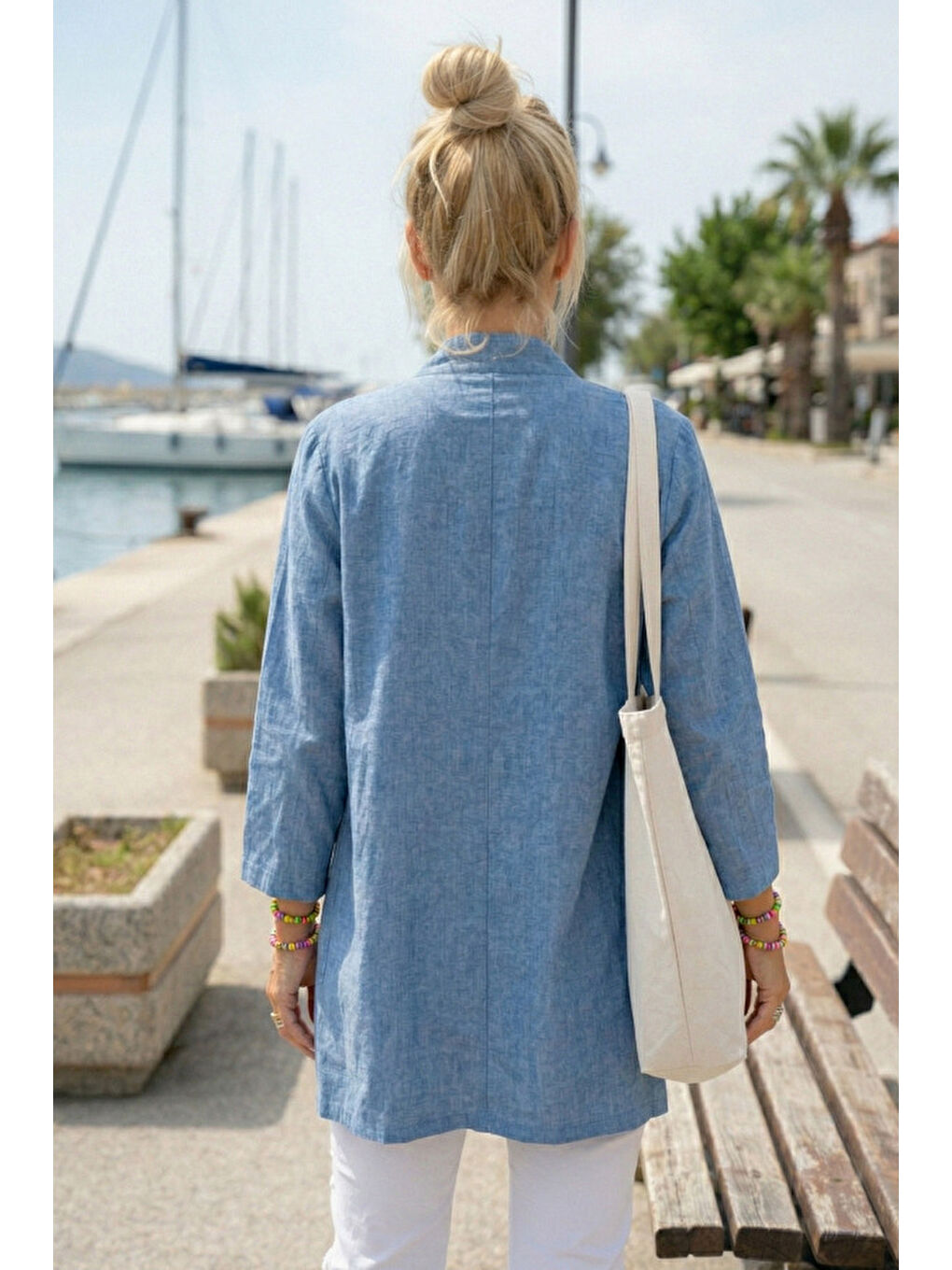 Mavi Kimono Yaka 3/4 Kol Düğmeli Çift Cepli Casual Flamlı Pamuklu Kumaş Dokuma Ceket 85 60-4