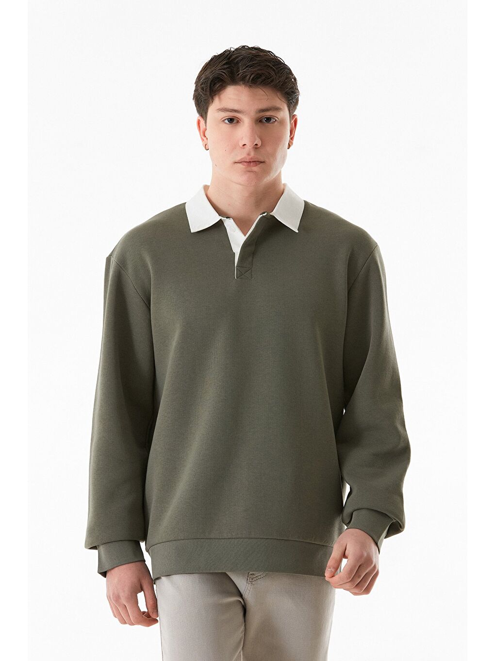 Haki 3 İplik Polo Yaka Sweatshirt