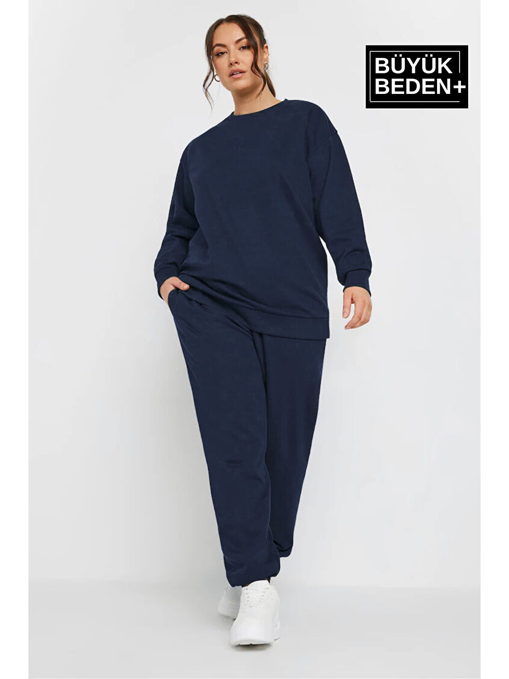 Süperlife Lacivert Kadın Büyük Beden Bisiklet Yaka Sweatshirt SPR24BSWK56