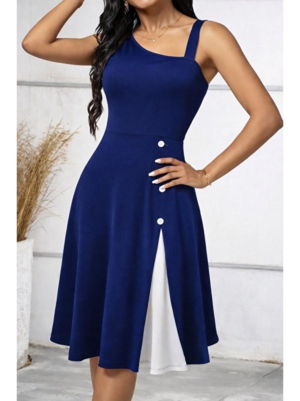 Lacivert Kadın Tek Omuzu şerit Detaylı Kolsuz Yandan Düğme Detaylı Janjan Krep Elbise-1