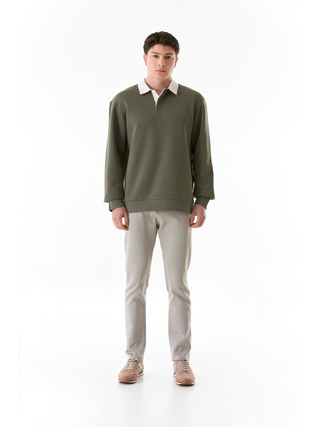 Haki 3 İplik Polo Yaka Sweatshirt-1