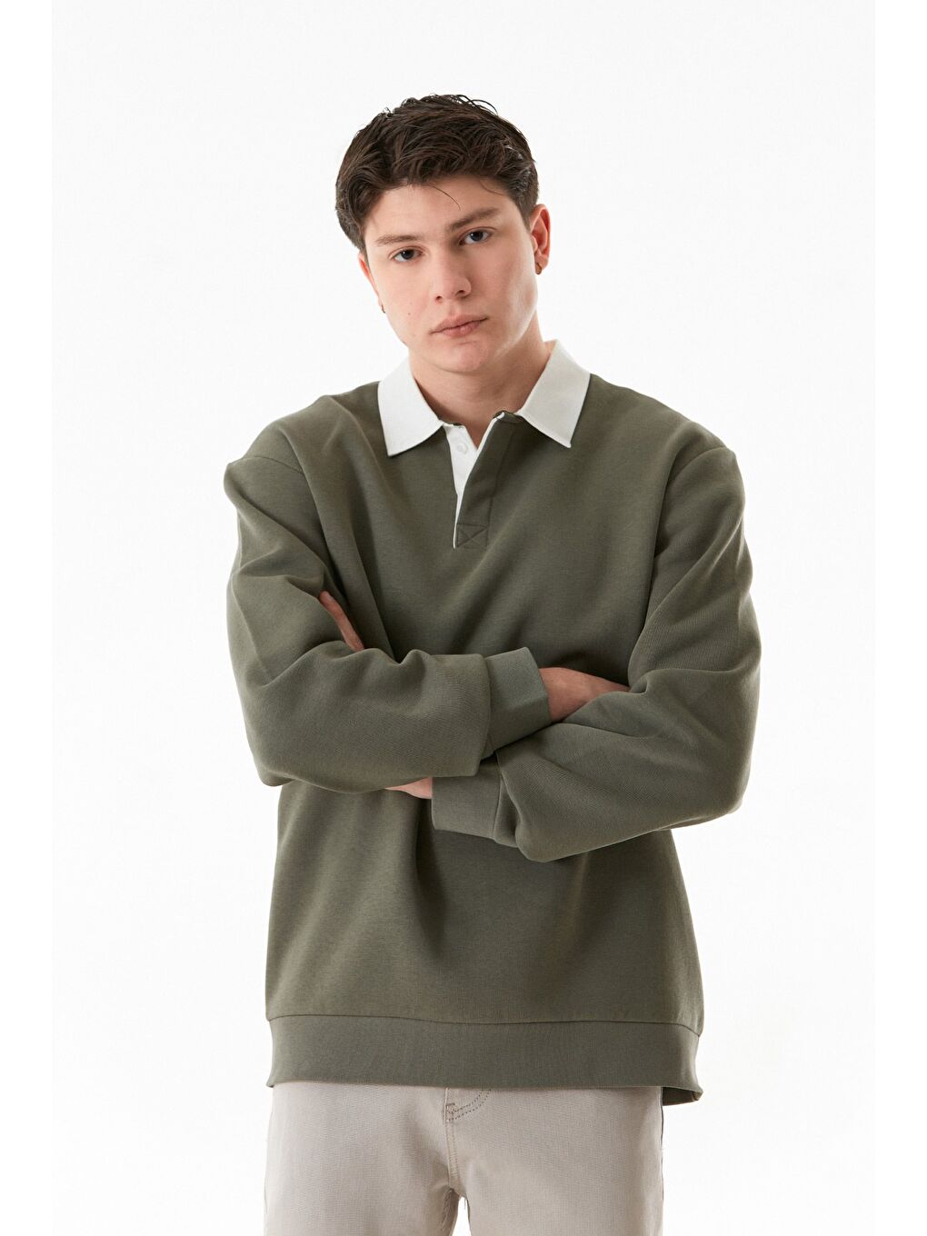 Haki 3 İplik Polo Yaka Sweatshirt-2