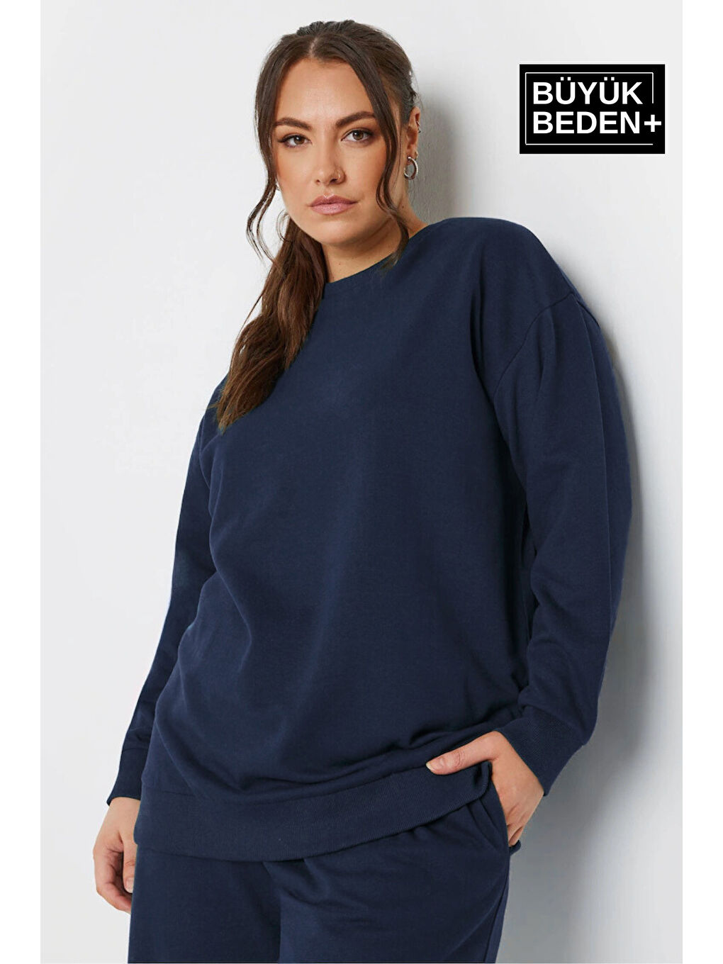 Süperlife Lacivert Kadın Büyük Beden Bisiklet Yaka Sweatshirt SPR24BSWK56 - 1