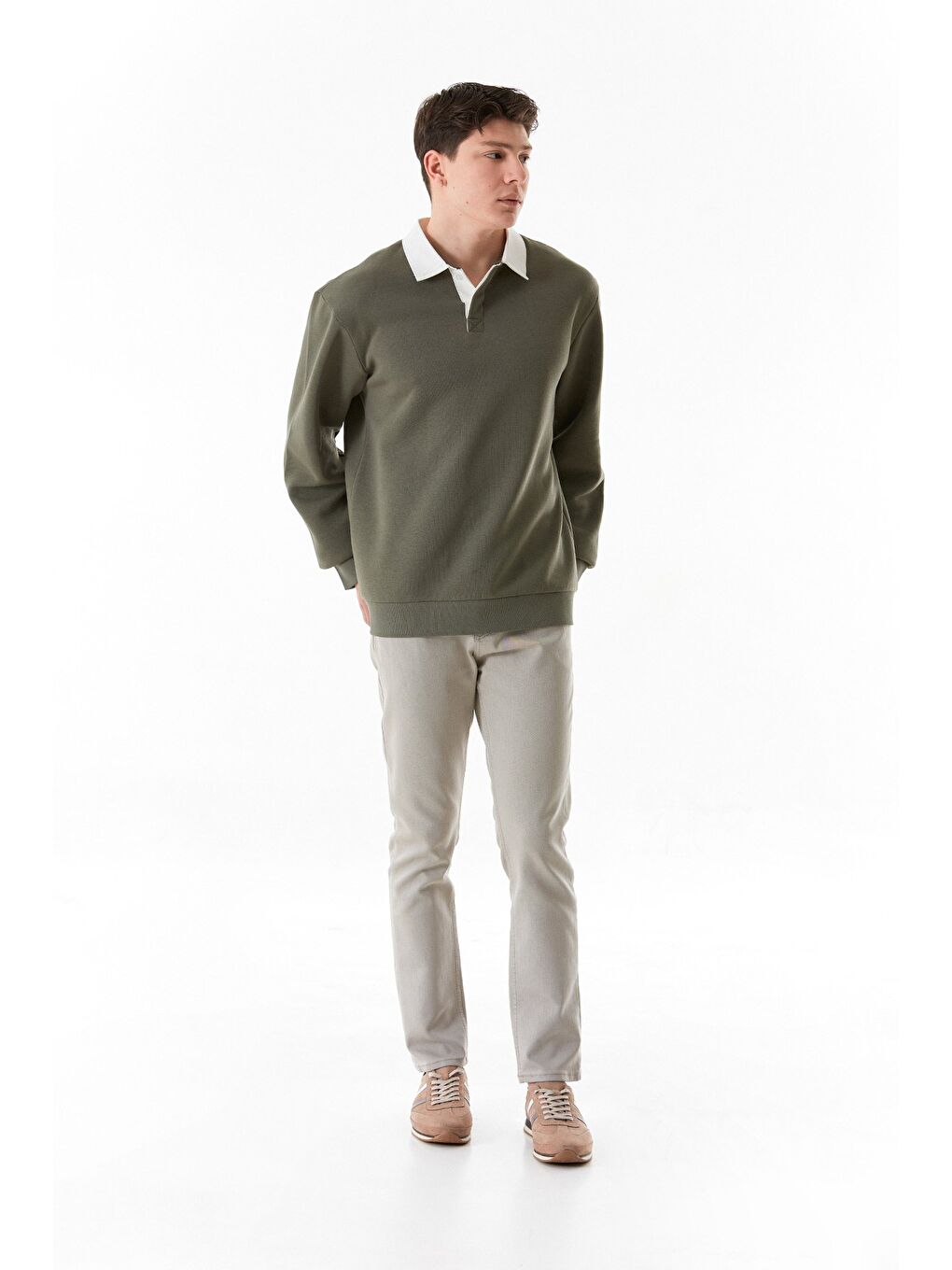 Haki 3 İplik Polo Yaka Sweatshirt-3