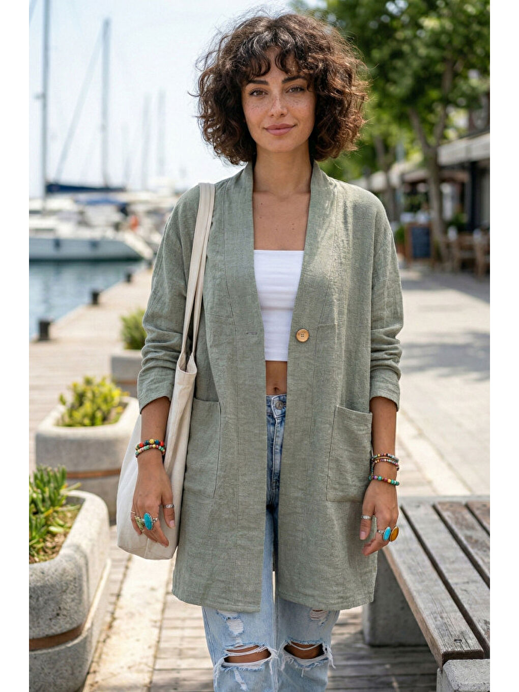 Haki Kimono Yaka 3/4 Kol Düğmeli Çift Cepli Casual Flamlı Pamuklu Kumaş Dokuma Ceket 85 60-1