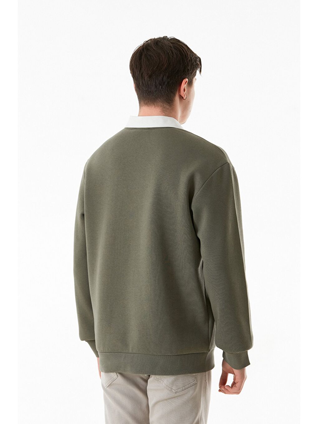 Haki 3 İplik Polo Yaka Sweatshirt-4