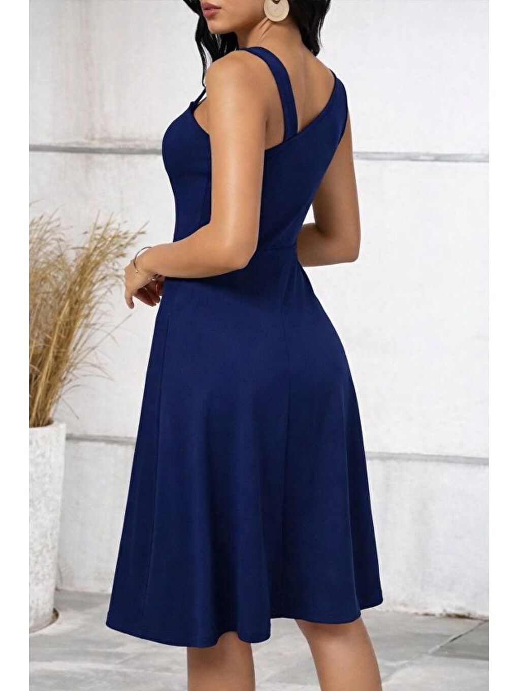 Lacivert Kadın Tek Omuzu şerit Detaylı Kolsuz Yandan Düğme Detaylı Janjan Krep Elbise-2