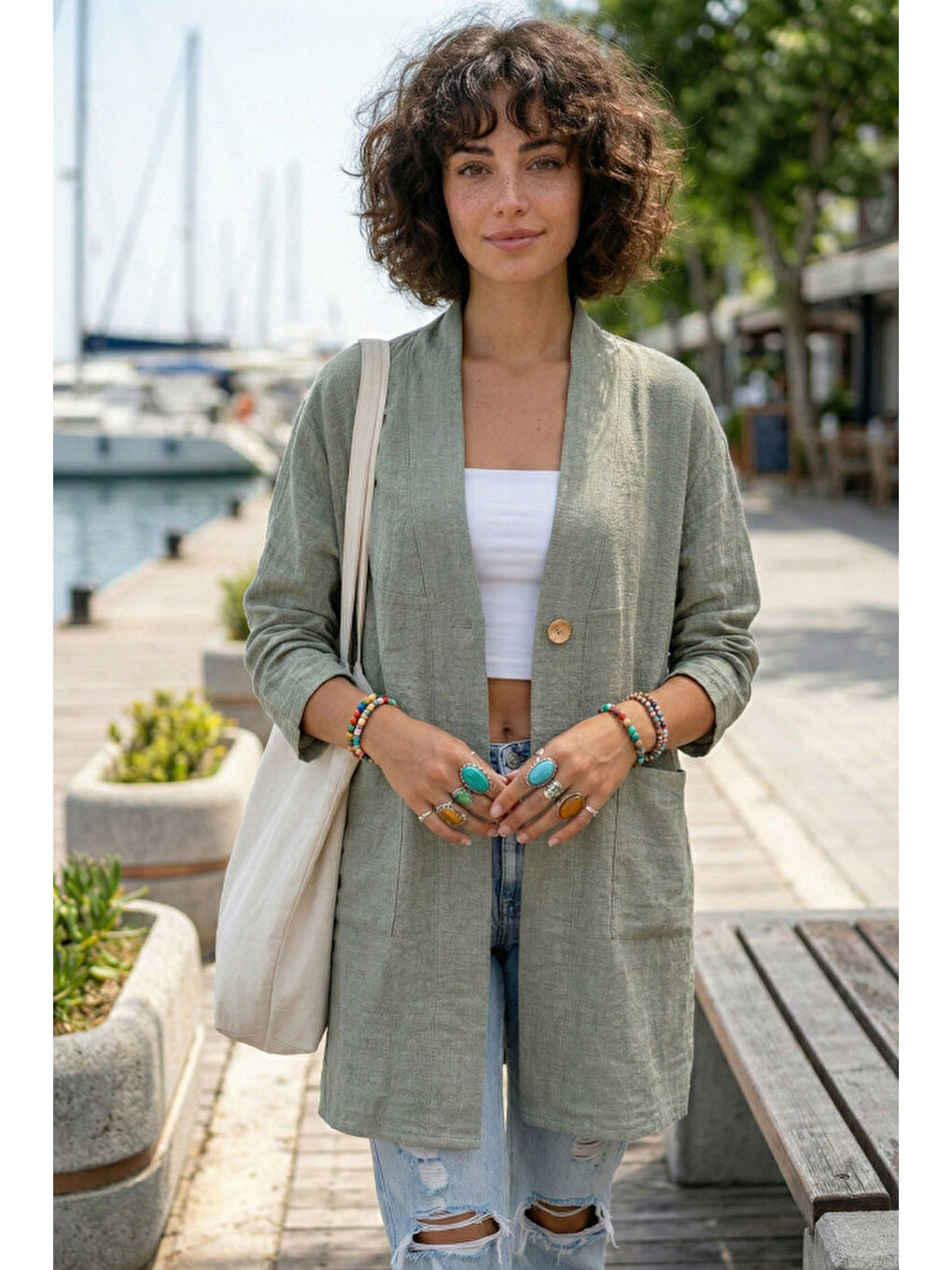 Haki Kimono Yaka 3/4 Kol Düğmeli Çift Cepli Casual Flamlı Pamuklu Kumaş Dokuma Ceket 85 60-2