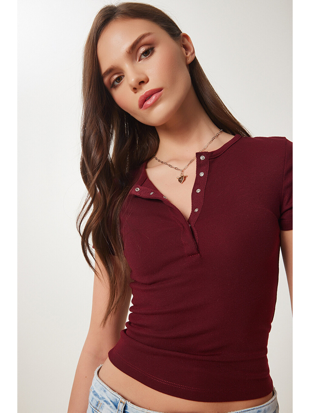 Bordo Çıtçıtlı Basic Örme Crop Bluz BORDO LFW0003