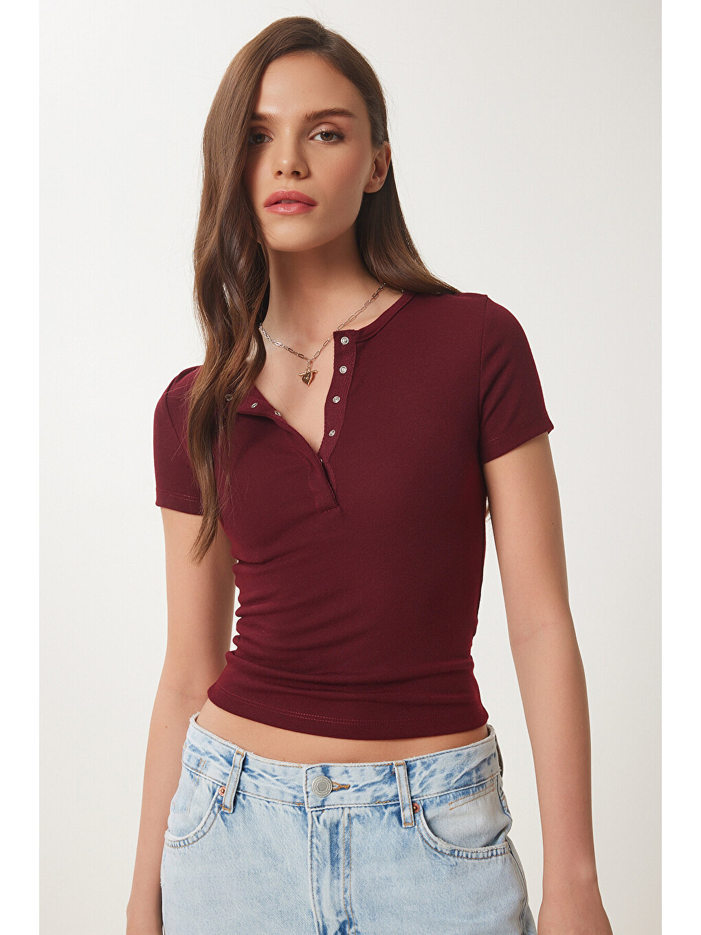 Bordo Çıtçıtlı Basic Örme Crop Bluz BORDO LFW0003-1