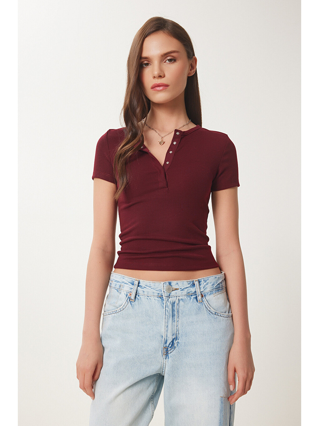 Bordo Çıtçıtlı Basic Örme Crop Bluz BORDO LFW0003-2