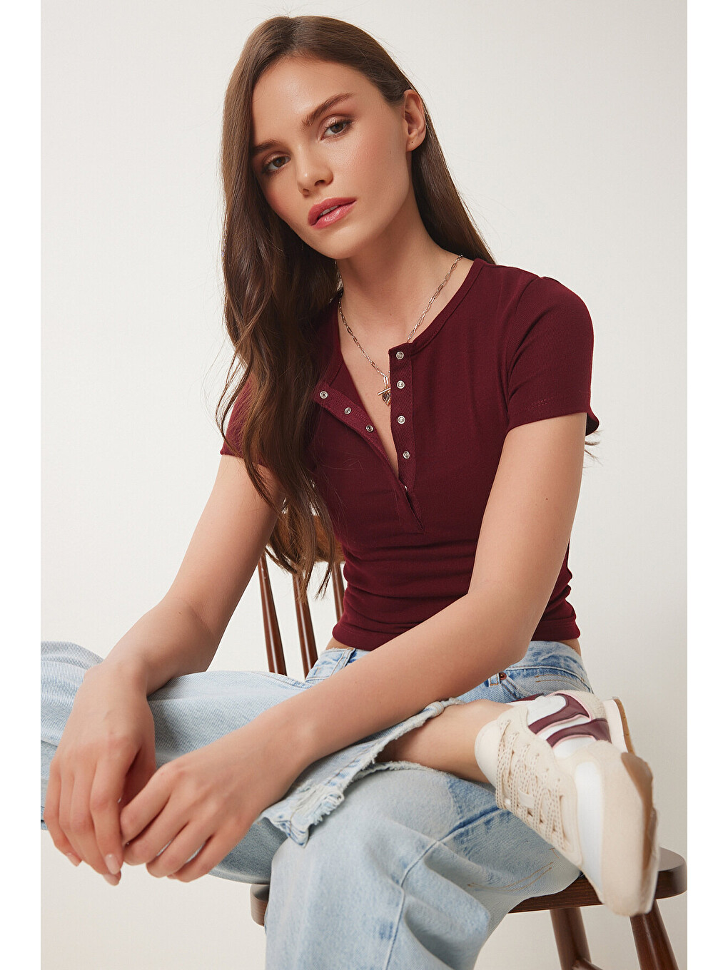 Bordo Çıtçıtlı Basic Örme Crop Bluz BORDO LFW0003-3