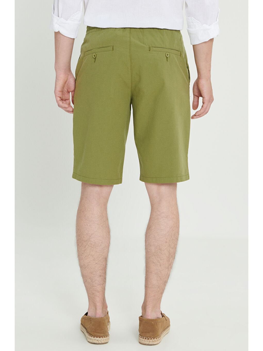 Erkek Haki Comfort Fit Rahat Kesim Yan Cepli Keten Şort-5