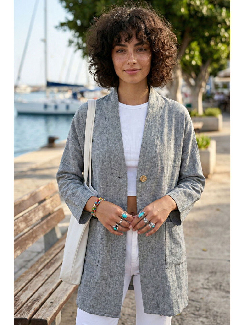 Gri Kimono Yaka 3/4 Kol Düğmeli Çift Cepli Casual Flamlı Pamuklu Kumaş Dokuma Ceket 85 60-1