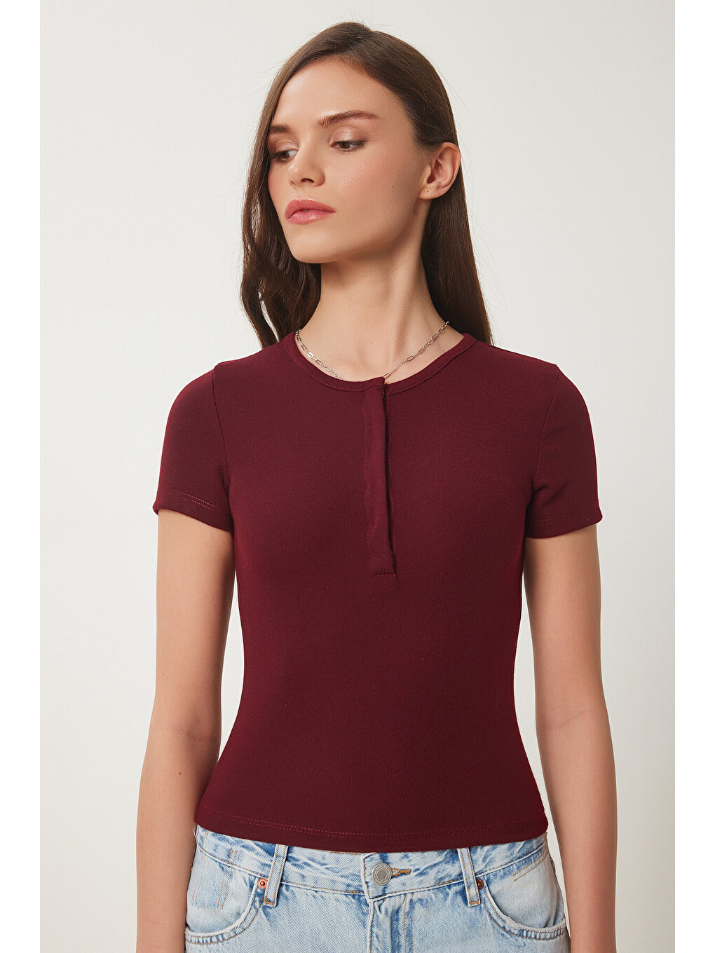 Bordo Çıtçıtlı Basic Örme Crop Bluz BORDO LFW0003-4