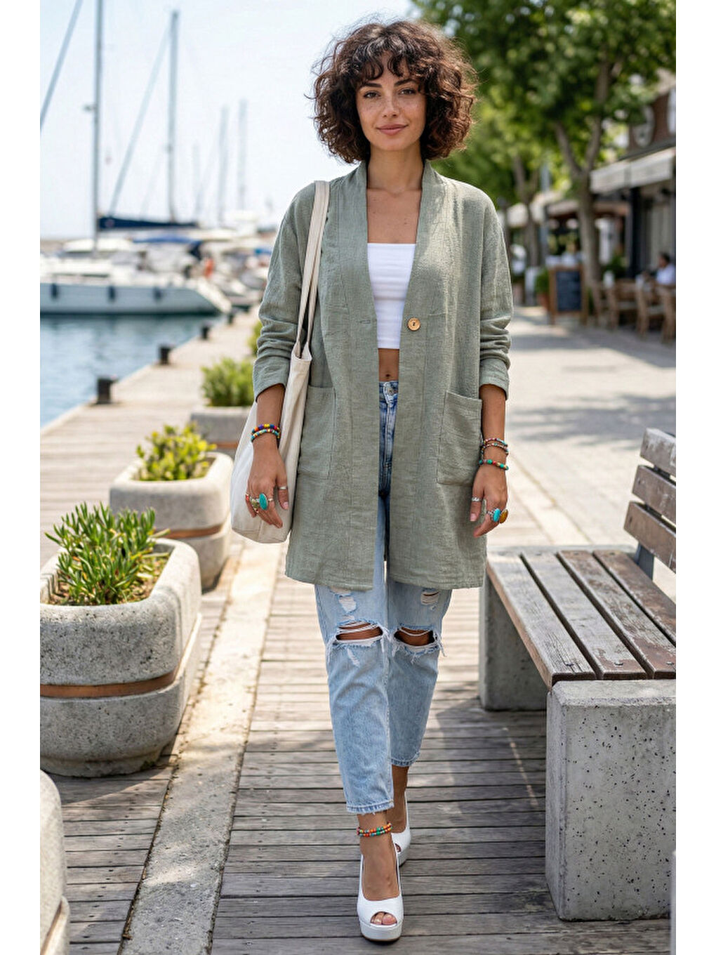 Haki Kimono Yaka 3/4 Kol Düğmeli Çift Cepli Casual Flamlı Pamuklu Kumaş Dokuma Ceket 85 60-3