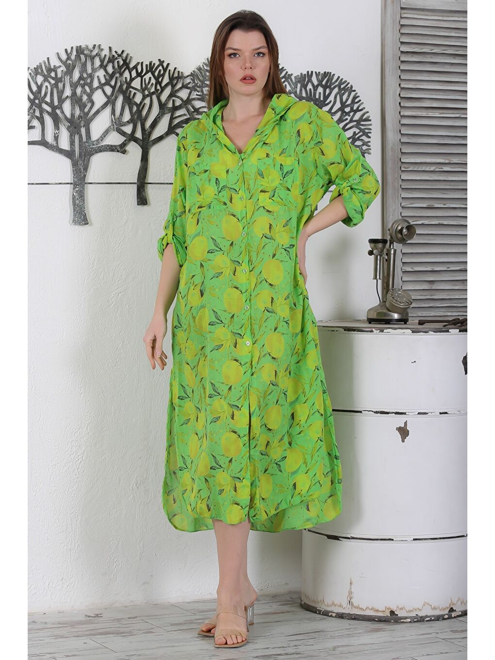 İtalyan Açık Yeşil Sarı Düğmeli Uzun Kollu Desenli Çift Cepli Kapüşonlu Dokuma Yazlık Elbise 130 65-2