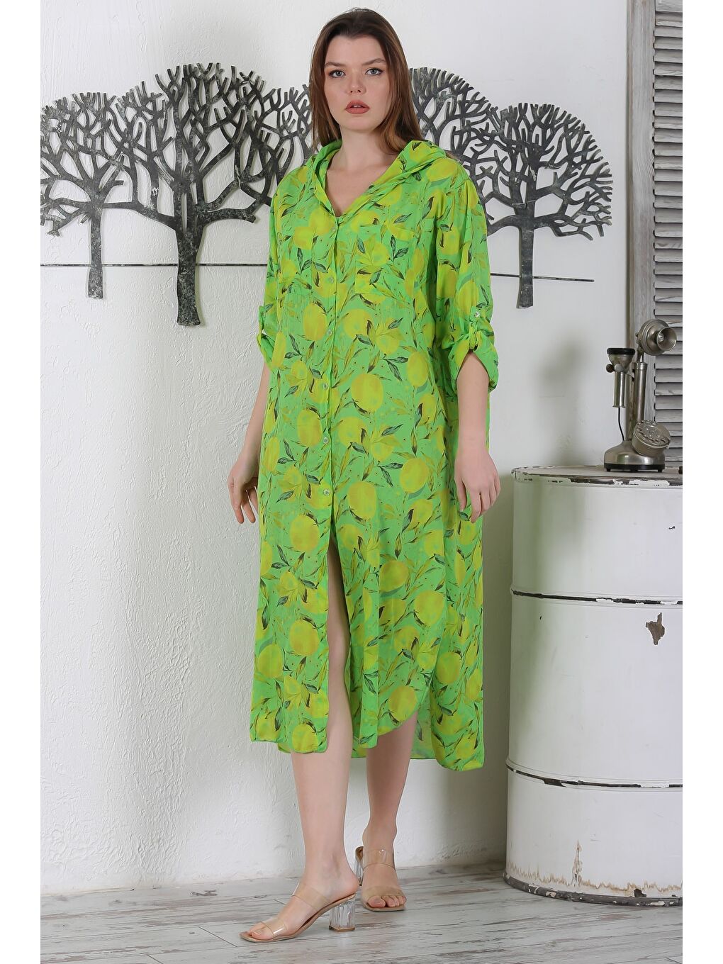 İtalyan Açık Yeşil Sarı Düğmeli Uzun Kollu Desenli Çift Cepli Kapüşonlu Dokuma Yazlık Elbise 130 65-3