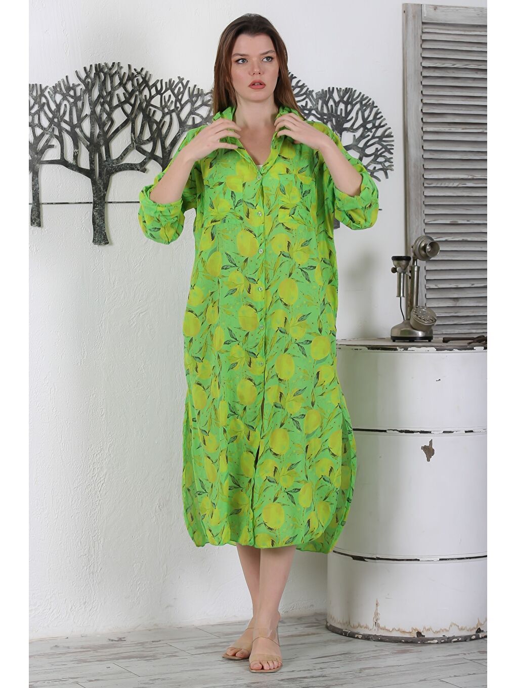 İtalyan Açık Yeşil Sarı Düğmeli Uzun Kollu Desenli Çift Cepli Kapüşonlu Dokuma Yazlık Elbise 130 65-5