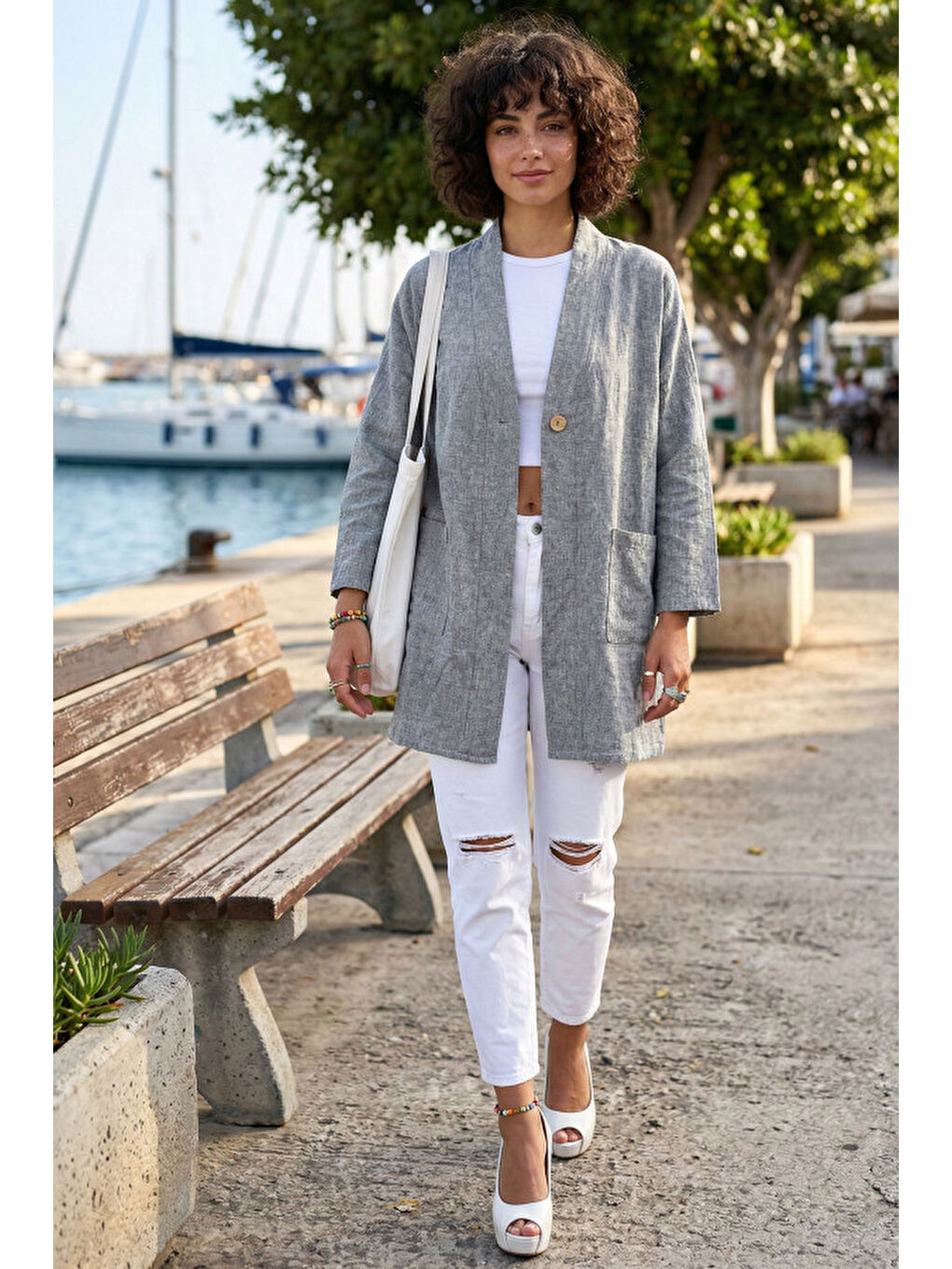 Gri Kimono Yaka 3/4 Kol Düğmeli Çift Cepli Casual Flamlı Pamuklu Kumaş Dokuma Ceket 85 60-2