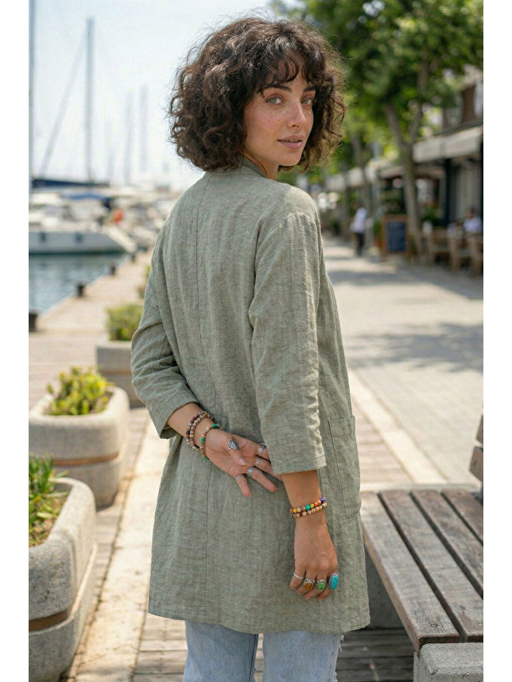 Haki Kimono Yaka 3/4 Kol Düğmeli Çift Cepli Casual Flamlı Pamuklu Kumaş Dokuma Ceket 85 60-4