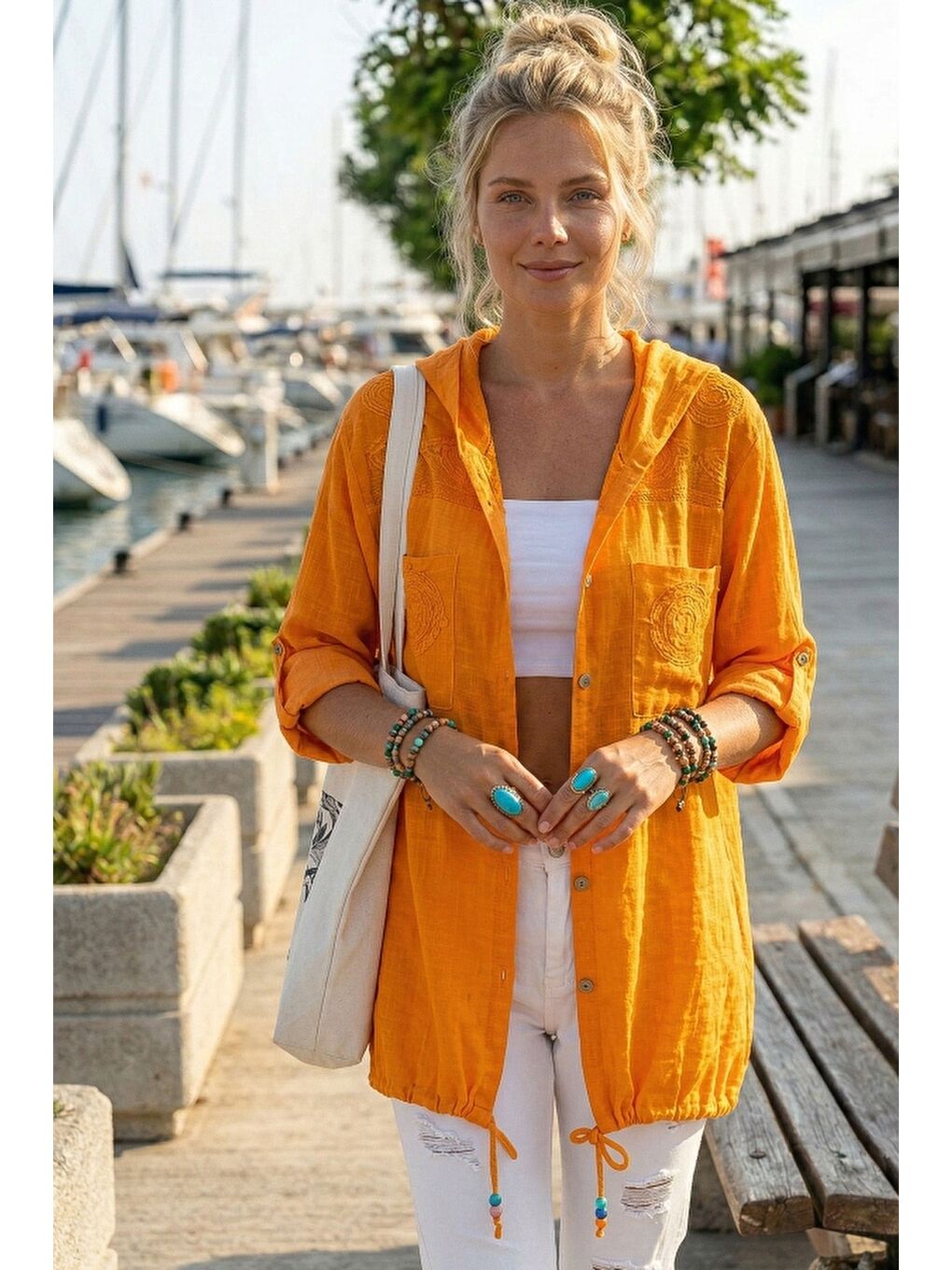 Turuncu 3/4 Kol Düğmeli Cepli Önü Nakışlı Casual Dokuma Ceket 70 65