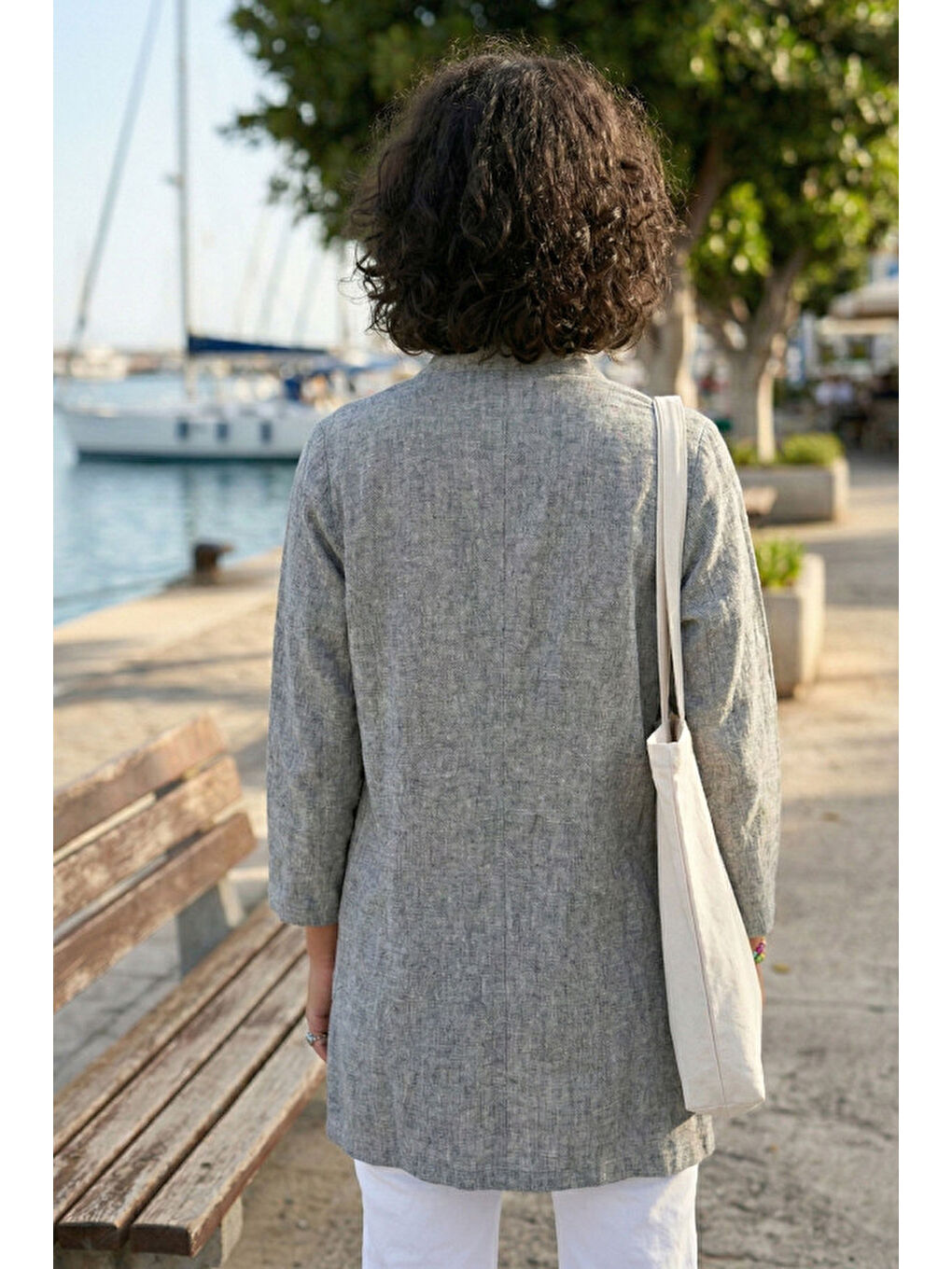 Gri Kimono Yaka 3/4 Kol Düğmeli Çift Cepli Casual Flamlı Pamuklu Kumaş Dokuma Ceket 85 60-3