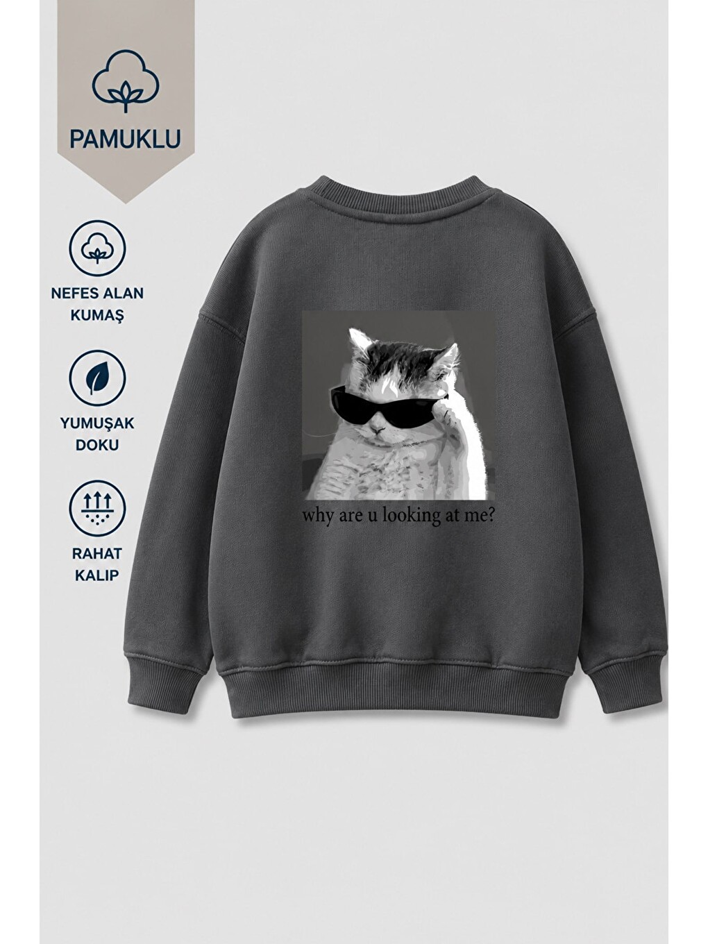 Antrasit Unisex Çocuk 3 İplik Kumaş Pamuklu Sırt Baskılı Sweatshirt-2