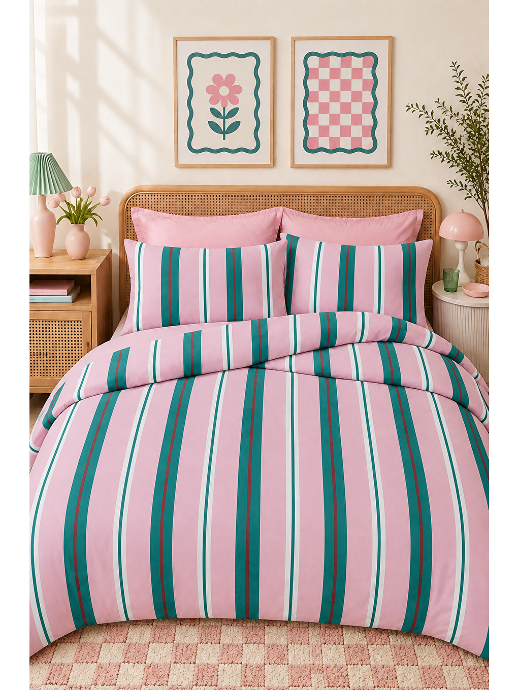 Pembe Yeşil Kahverengi Çizgili Nevresim Seti Modern Desenli 200x220 Çift Kişilik Yorgan Kılıfı-2