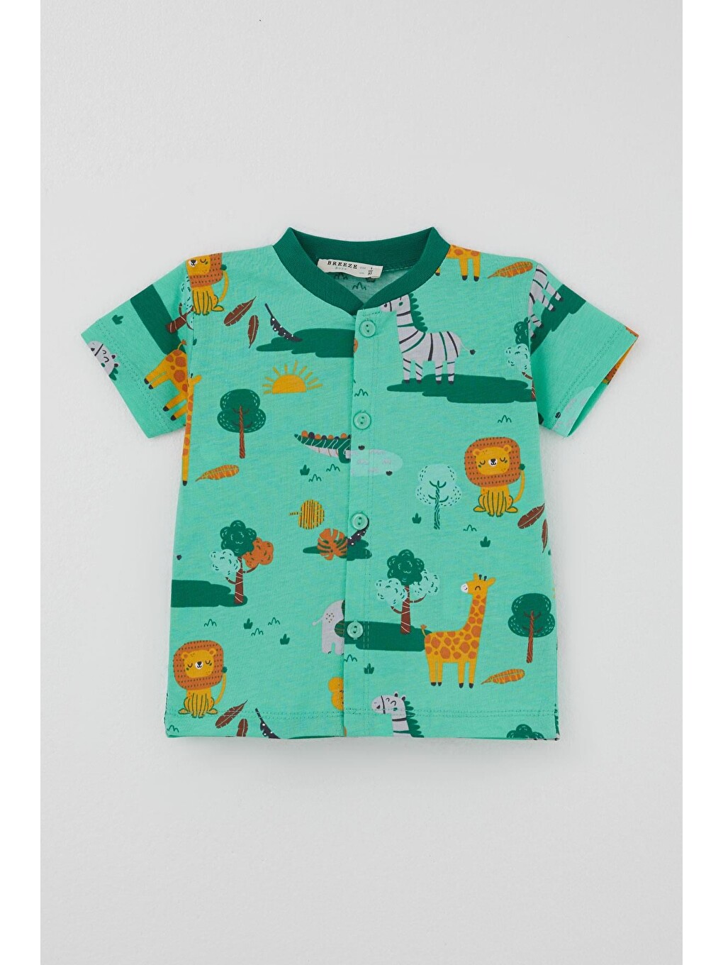 Erkek Bebek Şortlu Pijama Takımı Safari Temalı Sevimli Hayvancıklar Desenli Yeşil (4 Ay - 1 Yaş)-1
