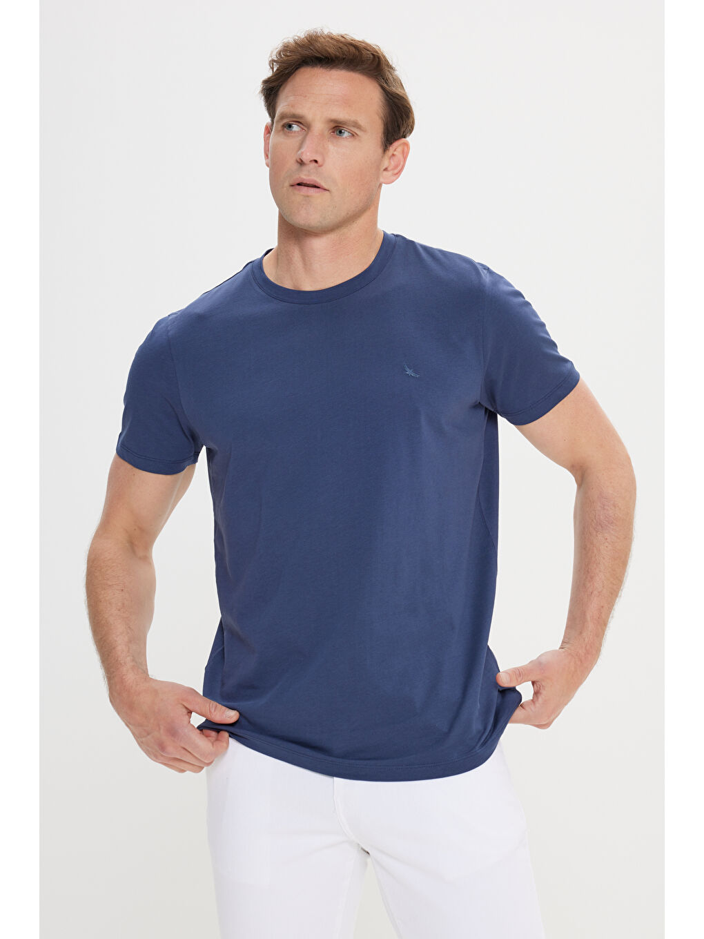 Erkek Lacivert Slim Fit Dar Kesim Bisiklet Yaka Pamuklu Tişört-1