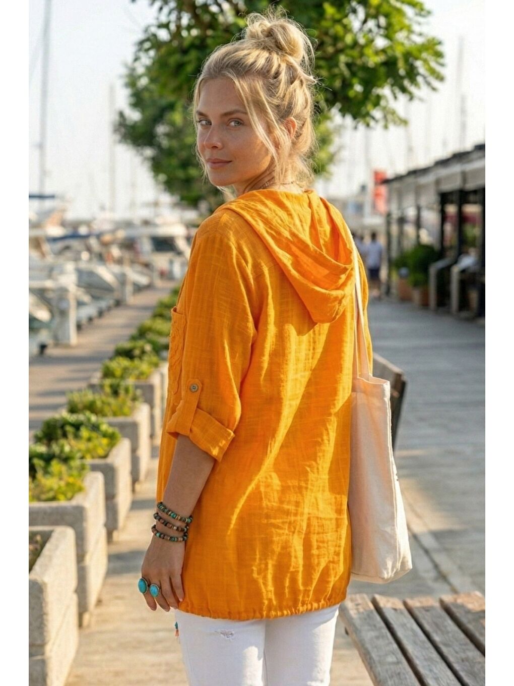 Turuncu 3/4 Kol Düğmeli Cepli Önü Nakışlı Casual Dokuma Ceket 70 65-1