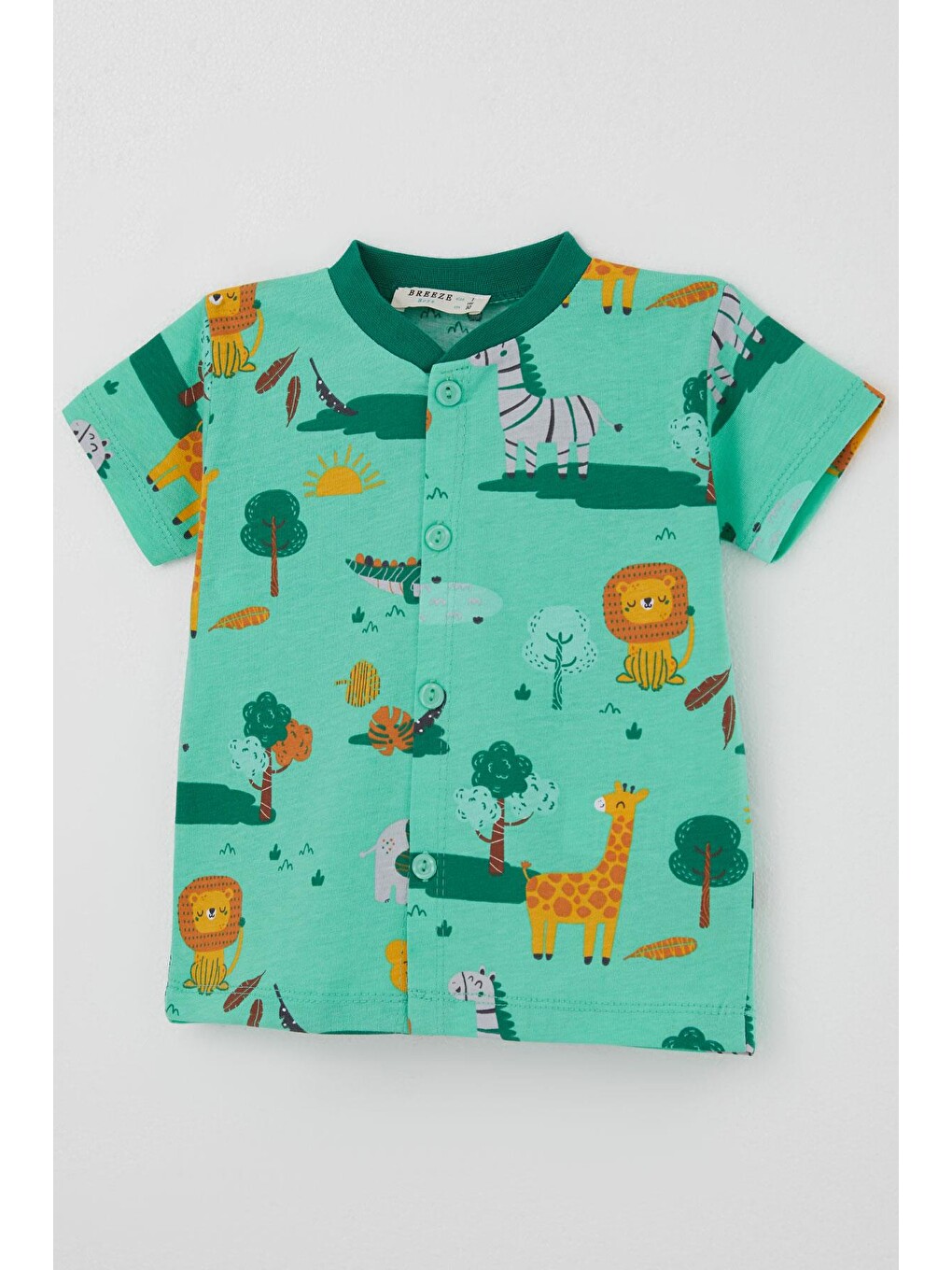 Erkek Bebek Şortlu Pijama Takımı Safari Temalı Sevimli Hayvancıklar Desenli Yeşil (4 Ay - 1 Yaş)-5