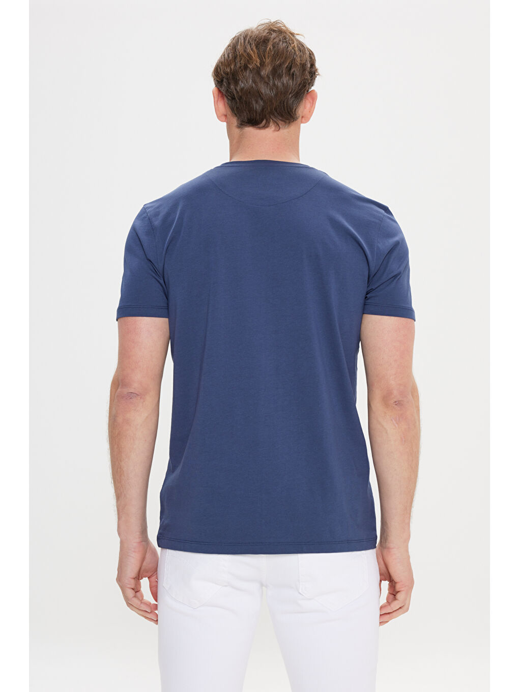 Erkek Lacivert Slim Fit Dar Kesim Bisiklet Yaka Pamuklu Tişört-3