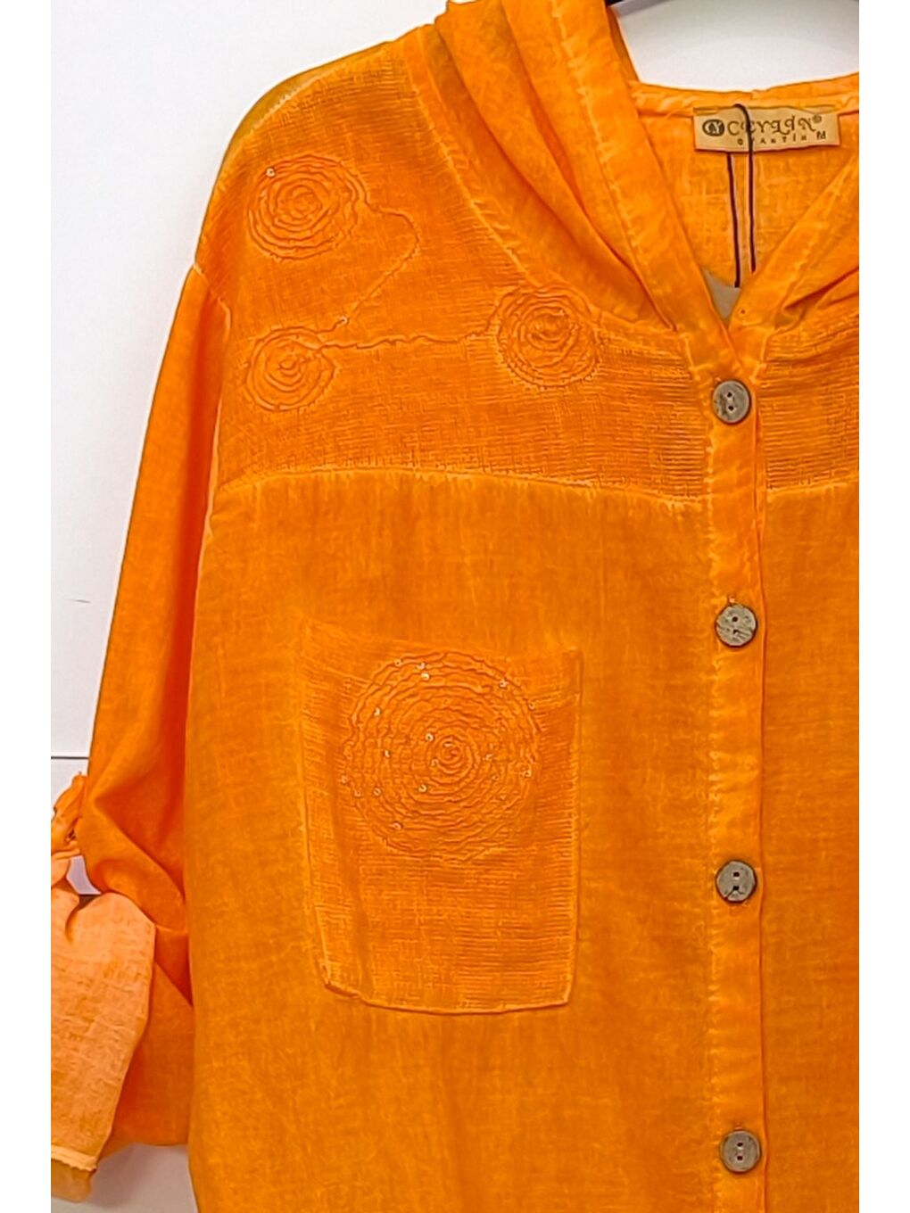 Turuncu 3/4 Kol Düğmeli Cepli Önü Nakışlı Casual Dokuma Ceket 70 65-2