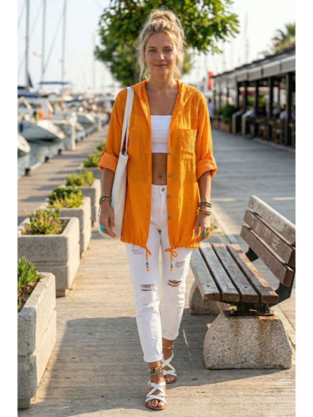 Turuncu 3/4 Kol Düğmeli Cepli Önü Nakışlı Casual Dokuma Ceket 70 65-3