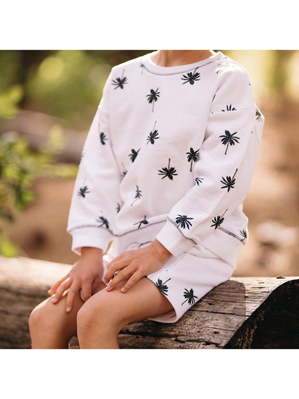 Beyaz Palmiye Sweatshirt Şort Set-4