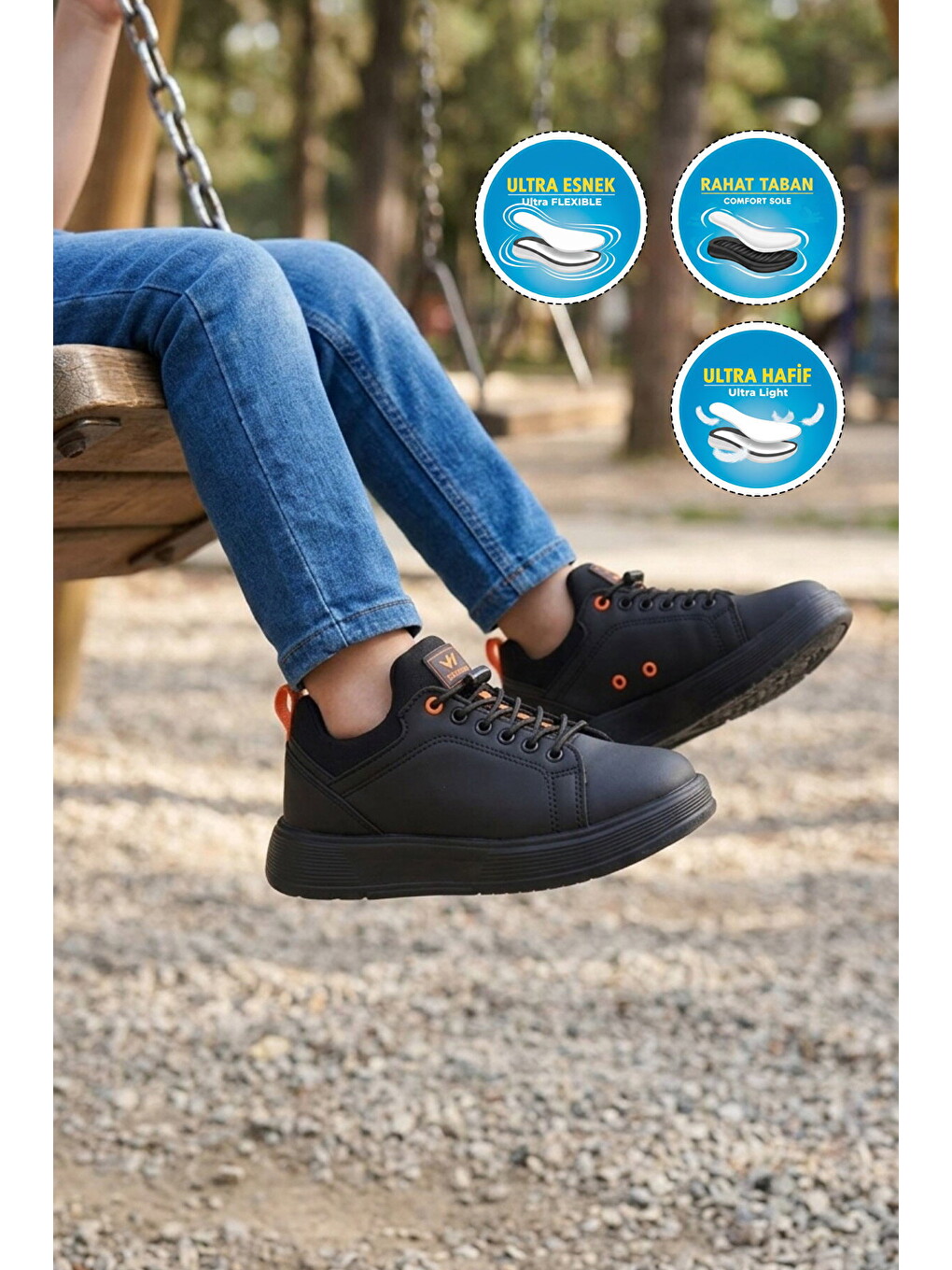 Siyah-turuncu Lastik Bağcıklı Comfort Rahat Tabanlı Erkek Çocuk Sneaker Balase F-2