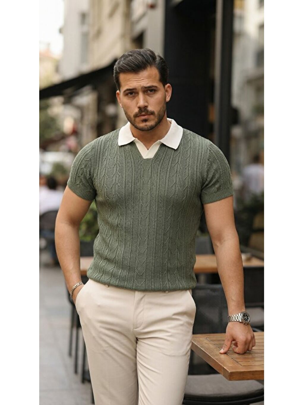 Haki Erkek Polo Yaka Triko Tişört-1