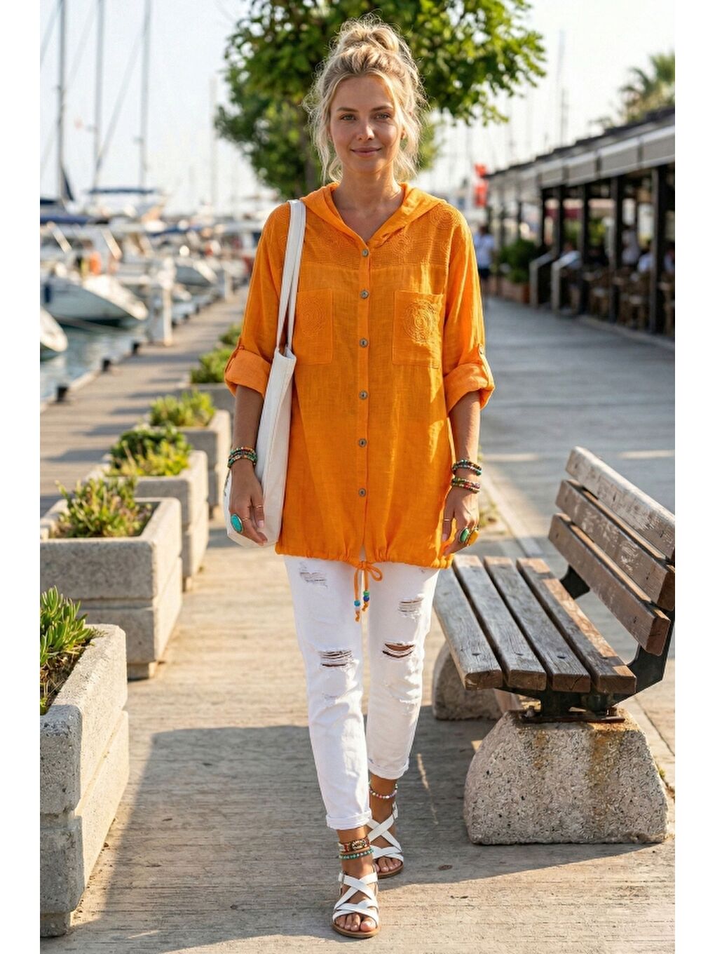 Turuncu 3/4 Kol Düğmeli Cepli Önü Nakışlı Casual Dokuma Ceket 70 65-4