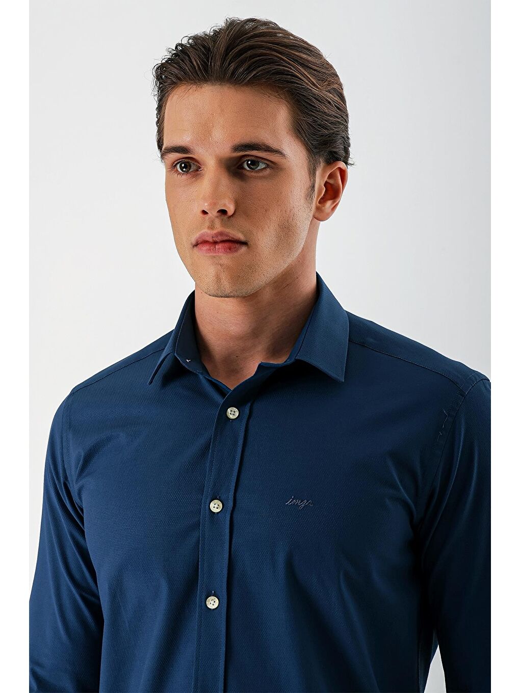 Petrol Mavi Uzun Kollu Armürlü Cepsiz Pamuklu Elastanlı Slim Fit Dar Kesim Gömlek 1004240193-4