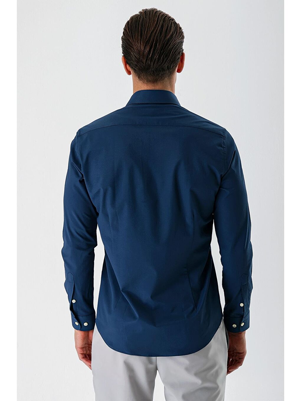 Petrol Mavi Uzun Kollu Armürlü Cepsiz Pamuklu Elastanlı Slim Fit Dar Kesim Gömlek 1004240193-5